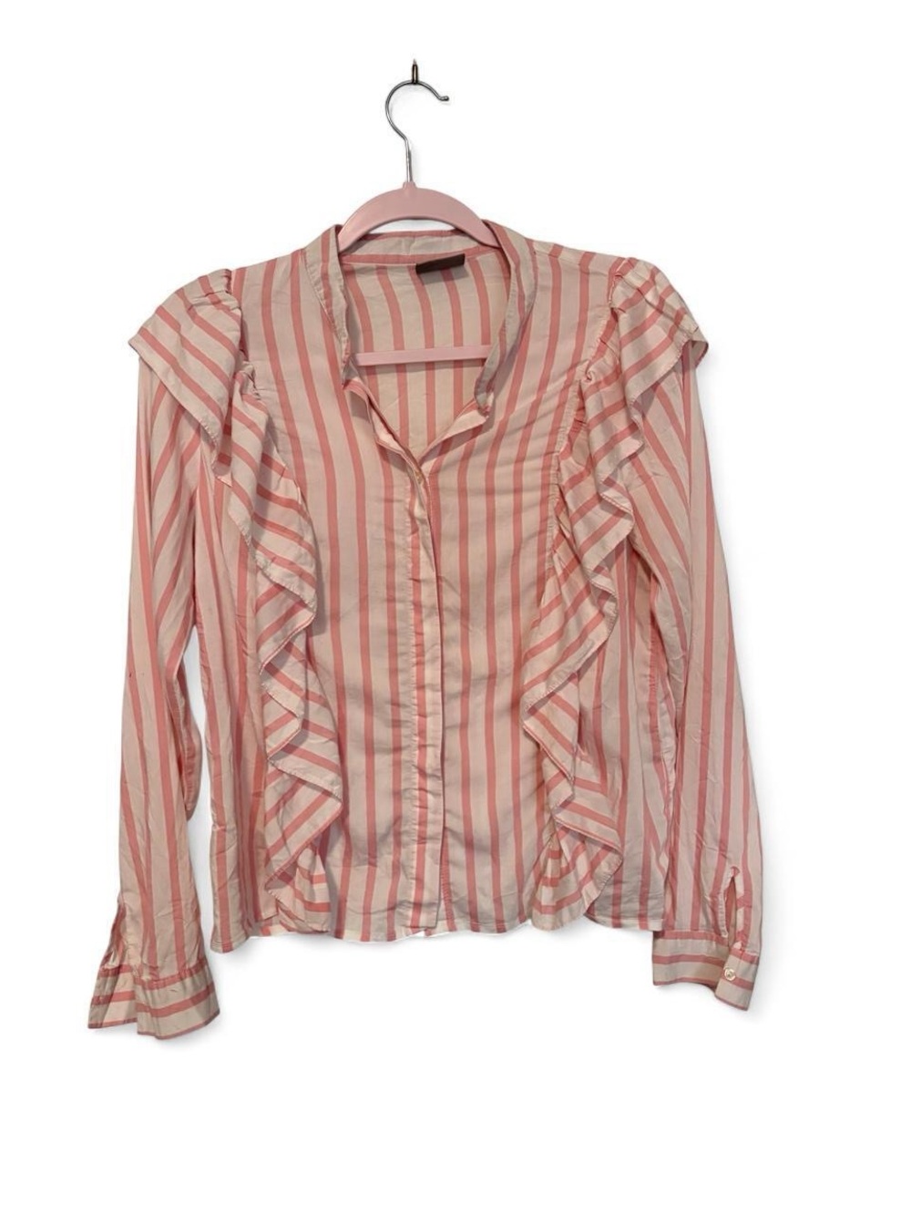 Moda international pink and white striped ruffle top size medium fits small